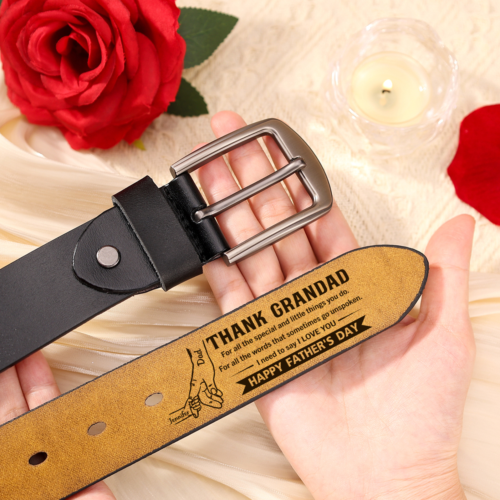 2 Names Holding Hands Charm Personalized Leather Adjustable Belt – A Thoughtful Gift for Dad/Granddad | Lorajewel