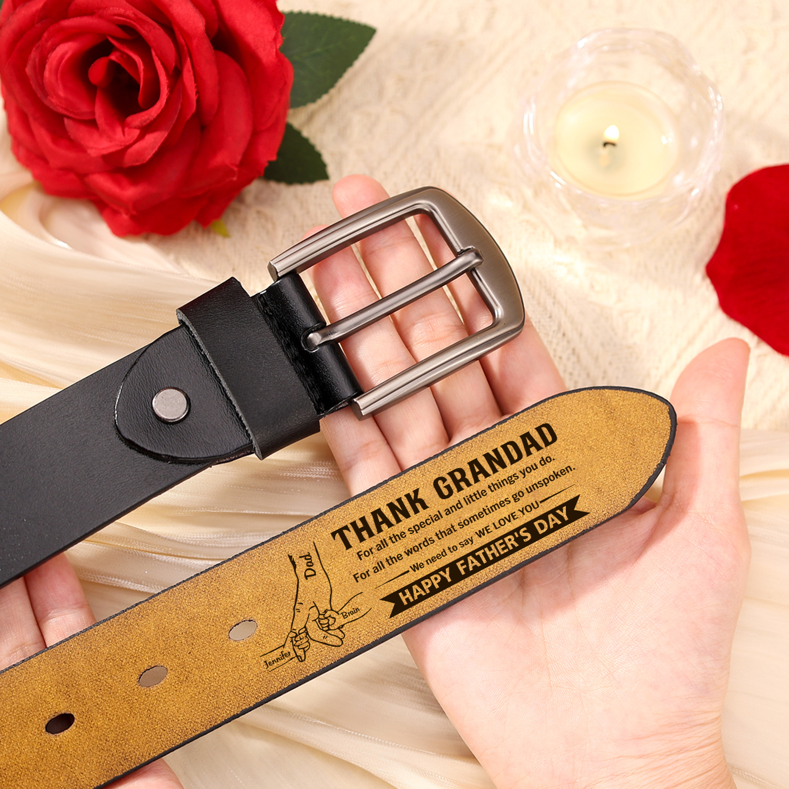 3 Names Holding Hands Charm Personalized Leather Adjustable Belt – A Thoughtful Gift for Dad/Granddad | Lorajewel