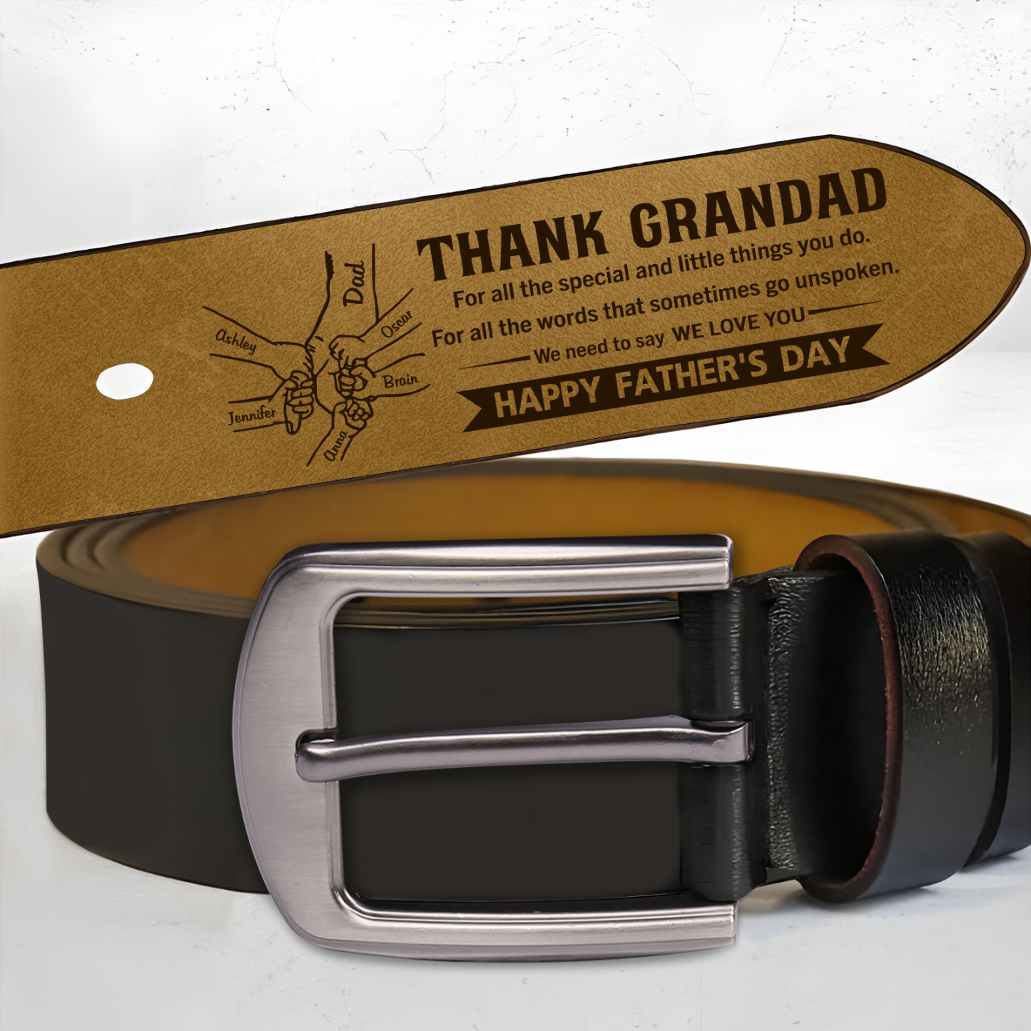 6 Names Holding Hands Charm Personalized Leather Adjustable Belt – A Thoughtful Gift for Dad/Granddad | Lorajewel