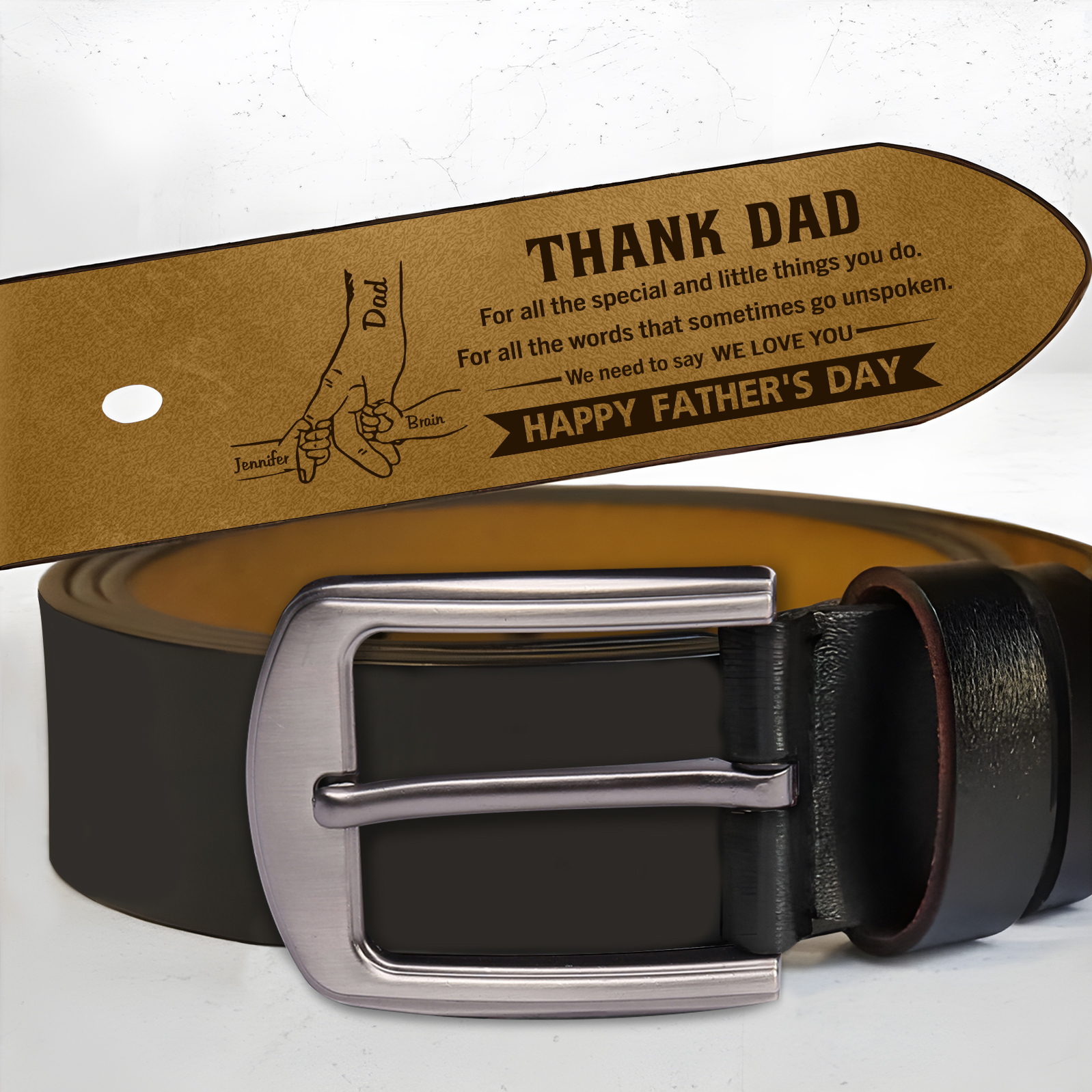 3 Names Holding Hands Charm Personalized Leather Adjustable Belt – A Thoughtful Gift for Dad/Granddad | Lorajewel