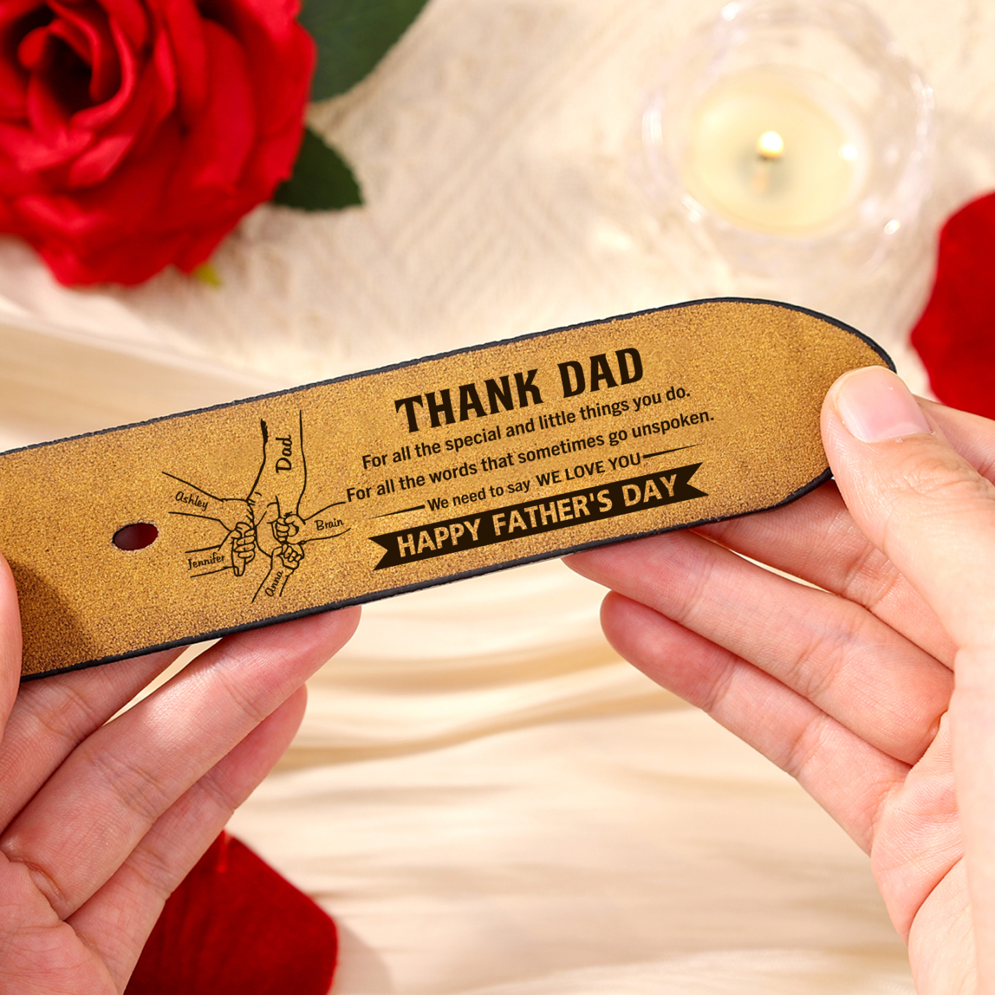 5 Names Holding Hands Charm Personalized Leather Adjustable Belt – A Thoughtful Gift for Dad/Granddad | Lorajewel