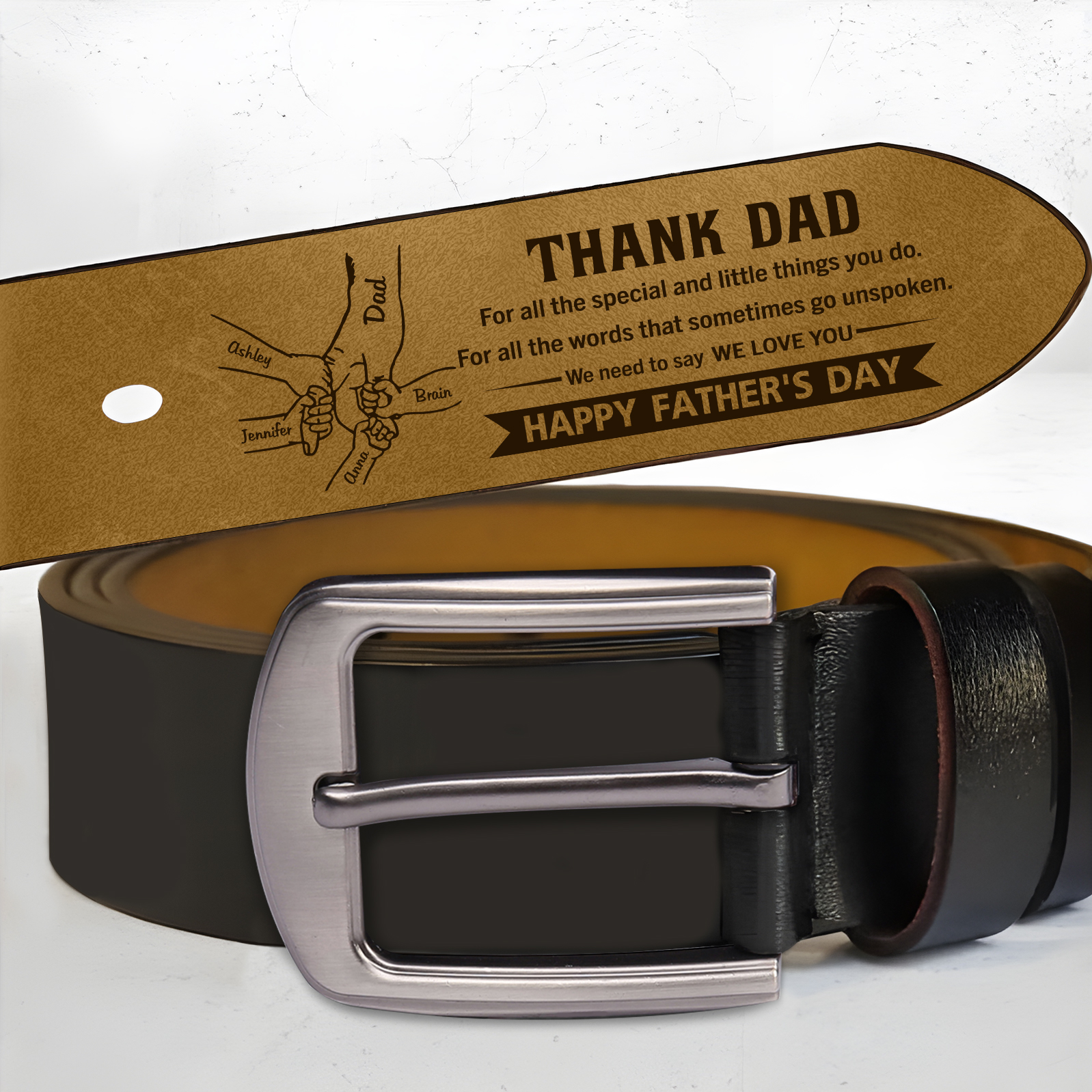 5 Names Holding Hands Charm Personalized Leather Adjustable Belt – A Thoughtful Gift for Dad/Granddad | Lorajewel