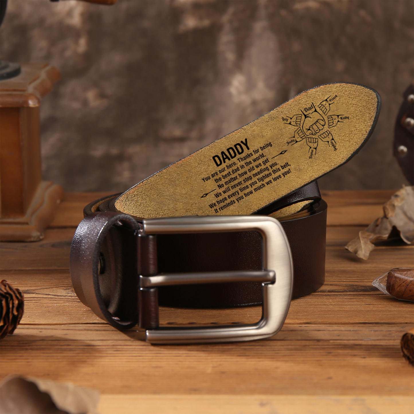 7 Names Personalized Fist Leather Belt, Custom Adjustable Man Belt Gift for Dad | Lorajewel
