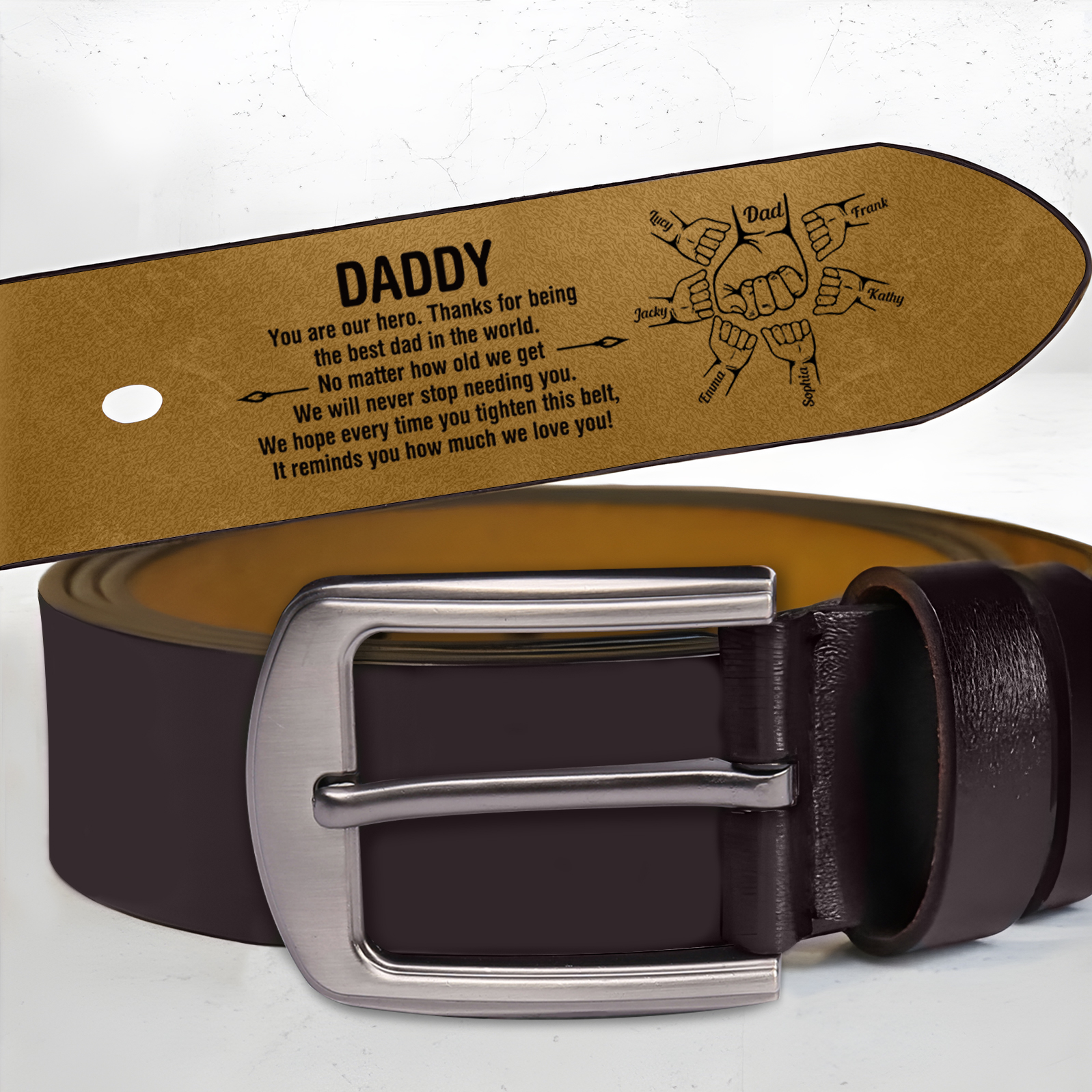 7 Names Personalized Fist Leather Belt, Custom Adjustable Man Belt Gift for Dad | Lorajewel