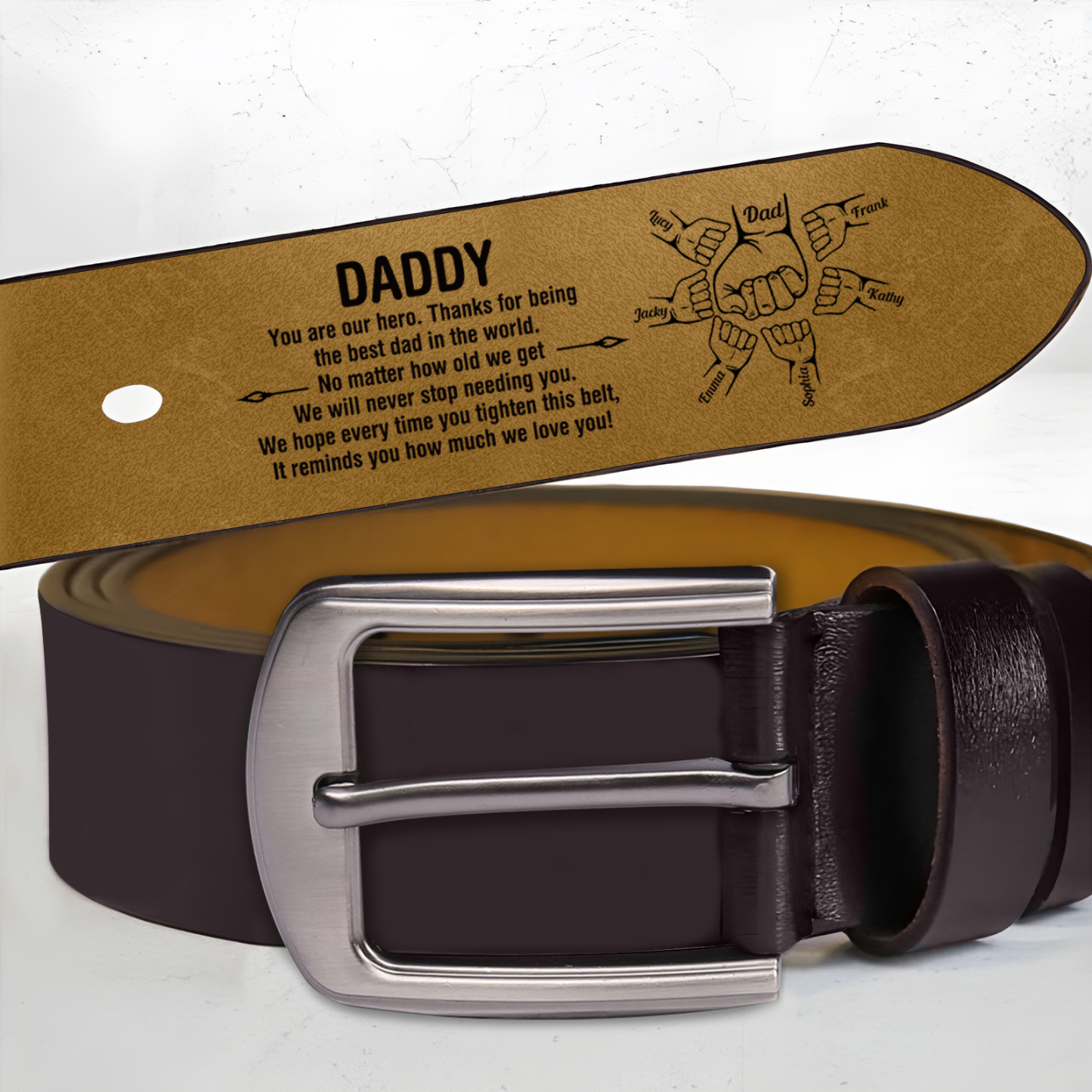7 Names Personalized Fist Leather Belt, Custom Adjustable Man Belt Gift for Dad | Lorajewel