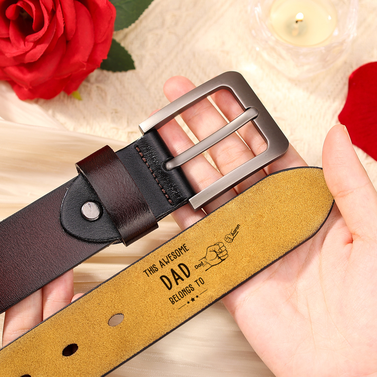 2 Names & 1 Nickname Personalized Fist Leather Belt, Custom Adjustable Man Belt Gift for Dad | Lorajewel