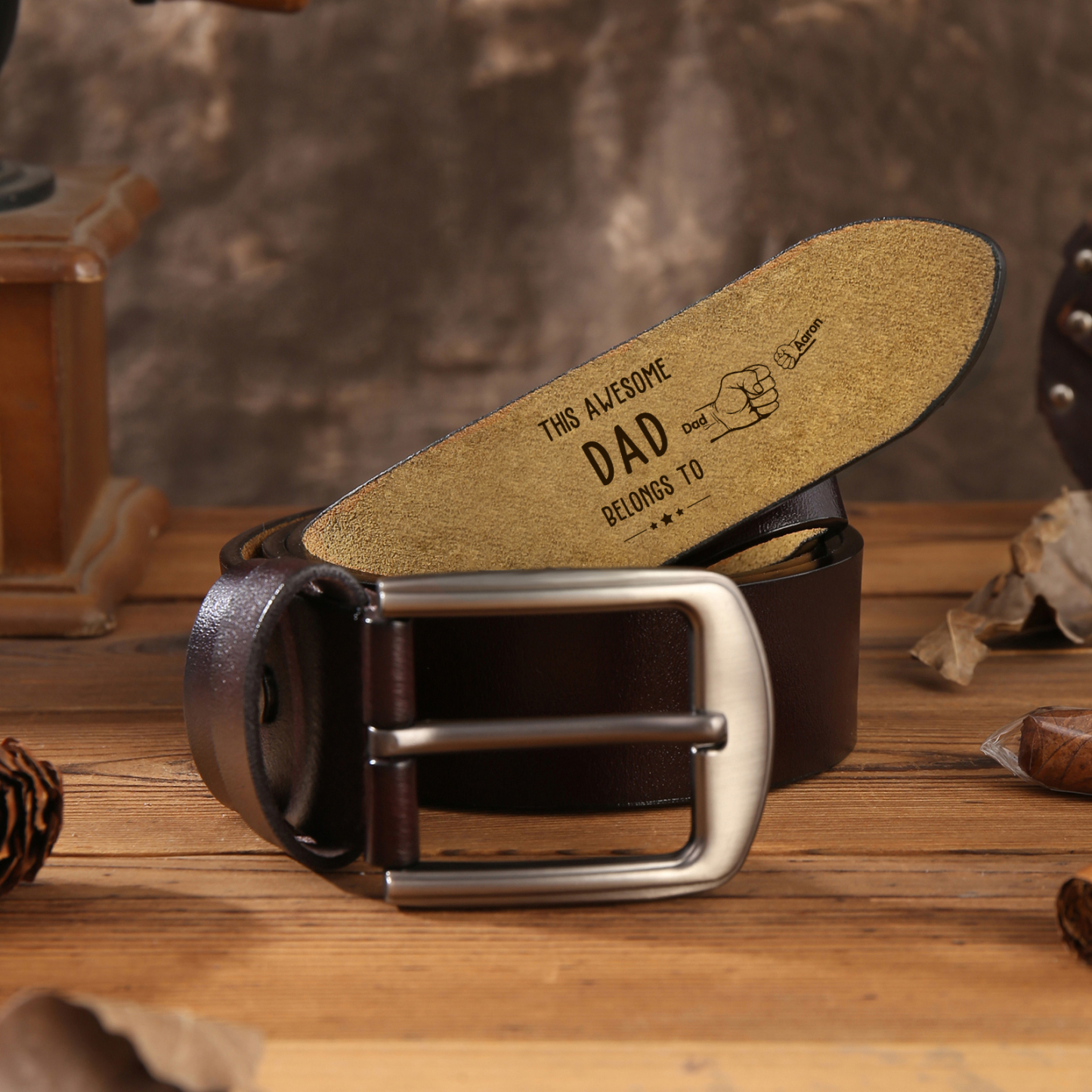 2 Names & 1 Nickname Personalized Fist Leather Belt, Custom Adjustable Man Belt Gift for Dad | Lorajewel