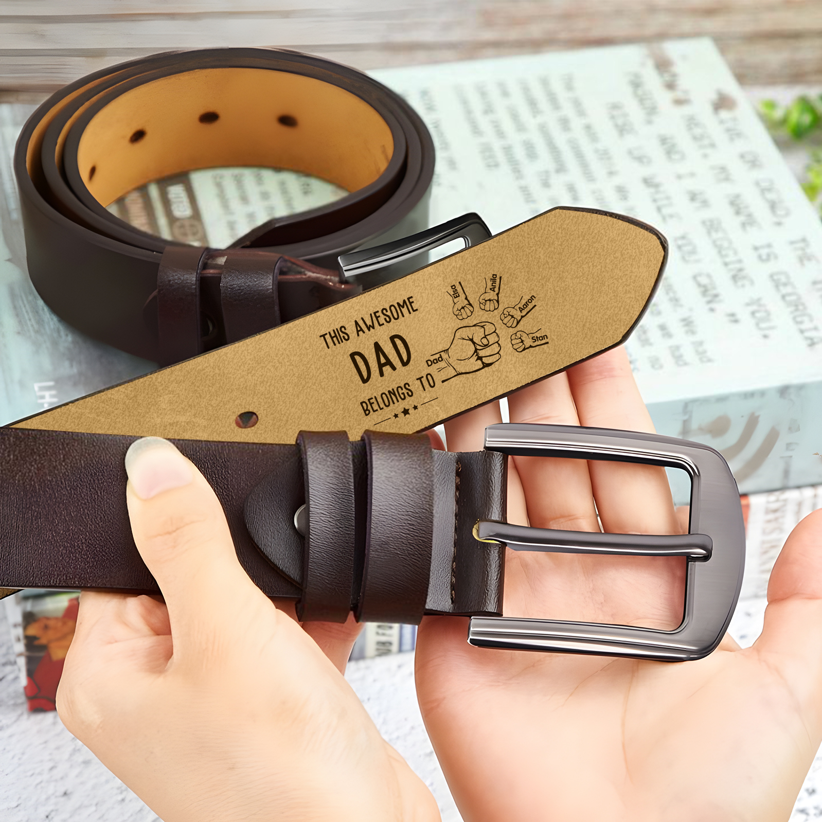 5 Names & 1 Nickname Personalized Fist Leather Belt, Custom Adjustable Man Belt Gift for Dad | Lorajewel