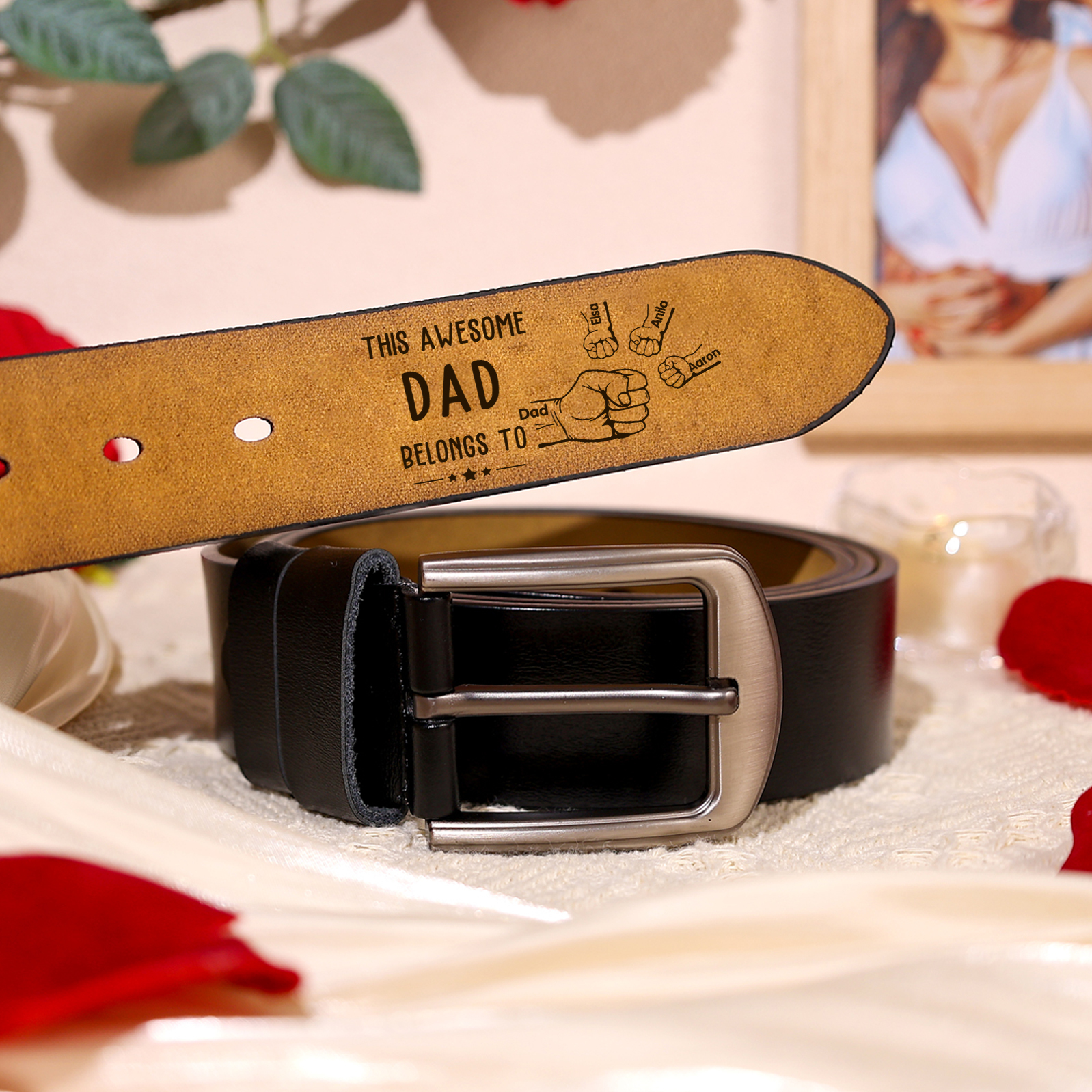 4 Names & 1 Nickname Personalized Fist Leather Belt, Custom Adjustable Man Belt Gift for Dad | Lorajewel
