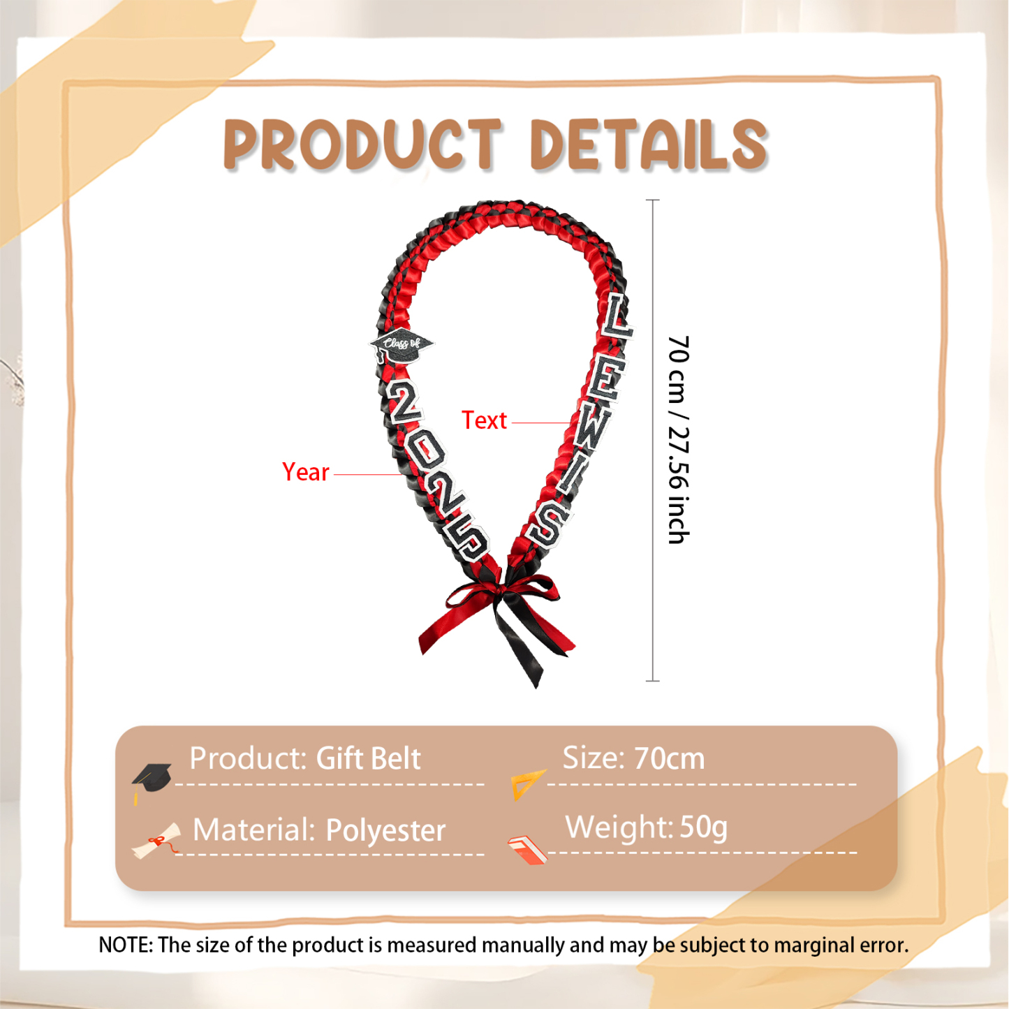 Personalized Graduation Gift Belt – Custom Name & Year Ribbon Lei for Students | Lorajewel