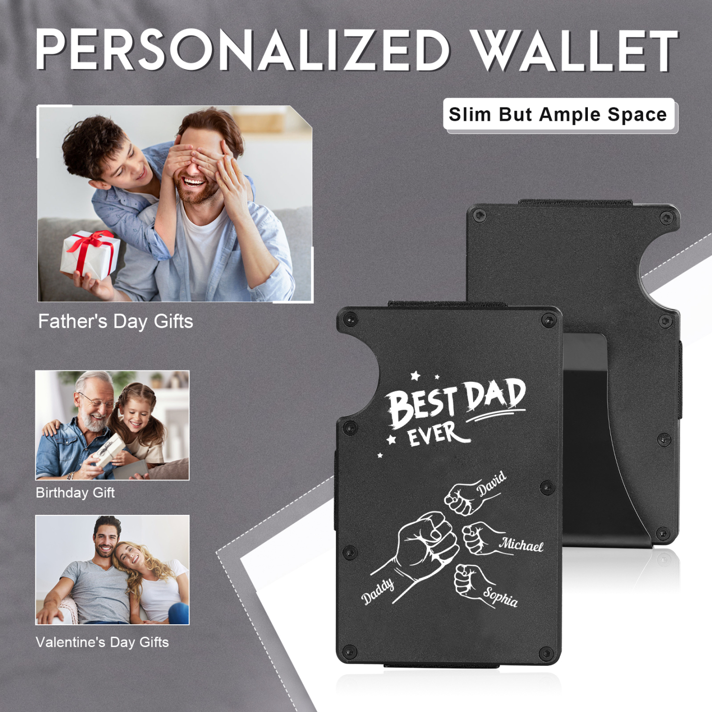 4 Names Personalized Best Dad Ever Metal Wallet Clip– Custom Engraved Father's Day Gift | Lorajewel