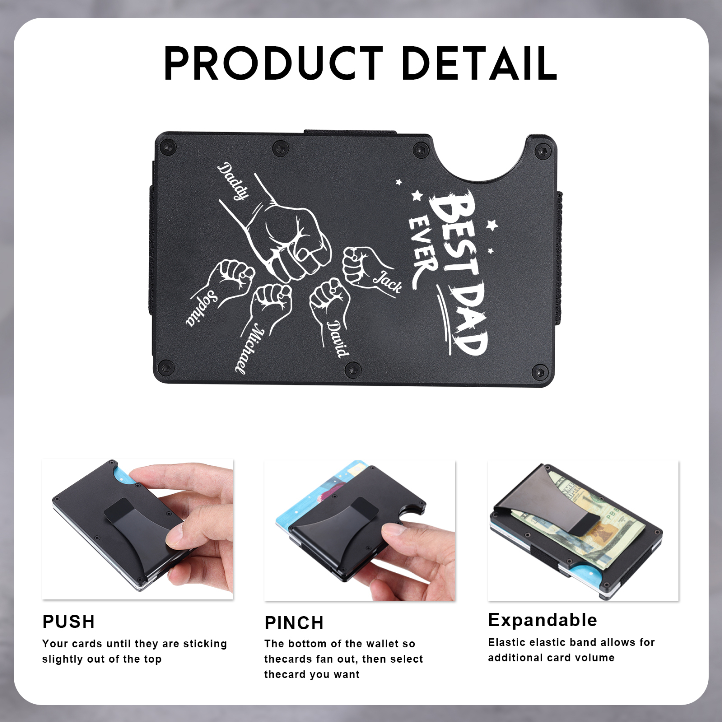 5 Names Personalized Best Dad Ever Metal Wallet Clip– Custom Engraved Father's Day Gift | Lorajewel