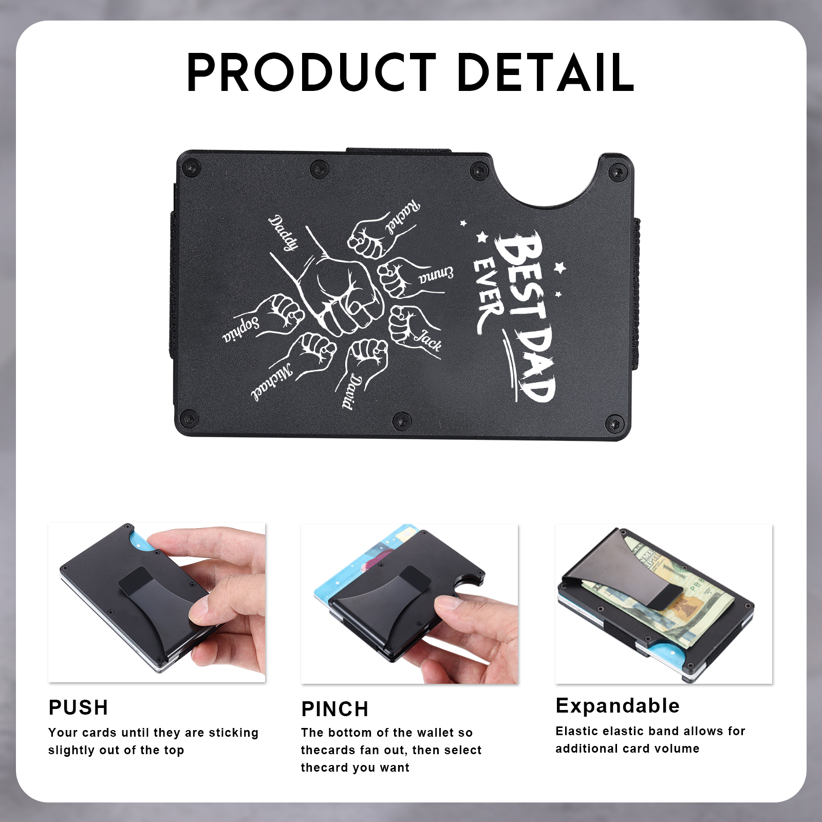 7 Names Personalized Best Dad Ever Metal Wallet Clip – Custom Engraved Father's Day Gift | Lorajewel