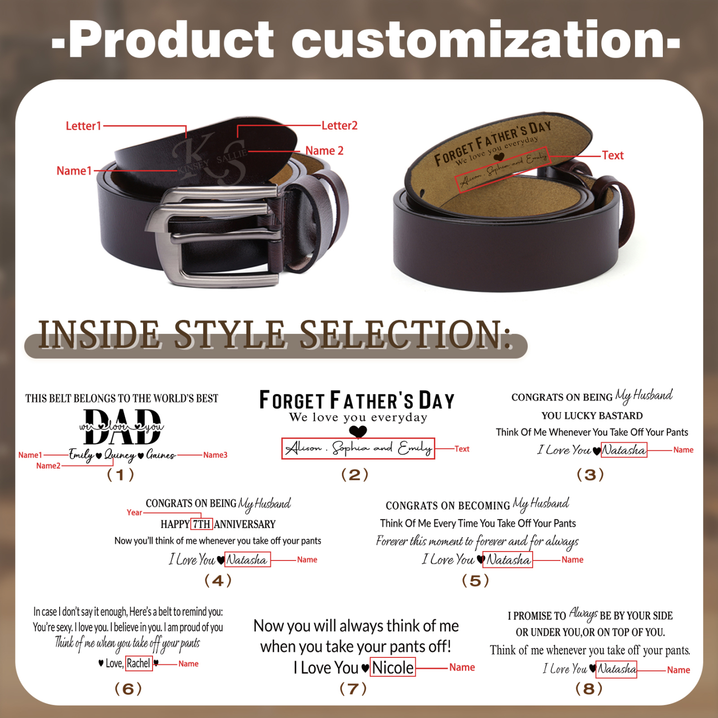 Personalized 2 Names, 2 Initials & 1 Text Adjustable Leather Belt - Father's Day Gift for Men| Lorajewel