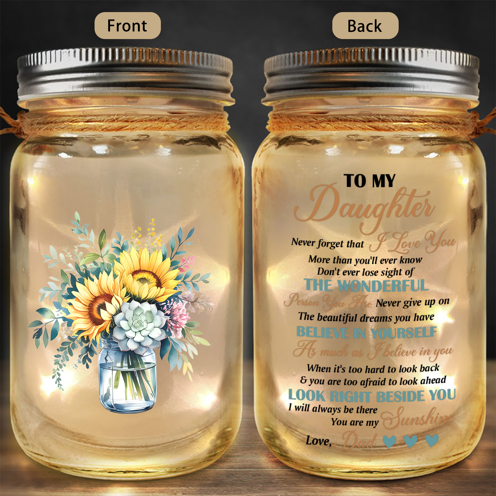 Personalized Sunflower Solar Mason Jar Light For Daughter