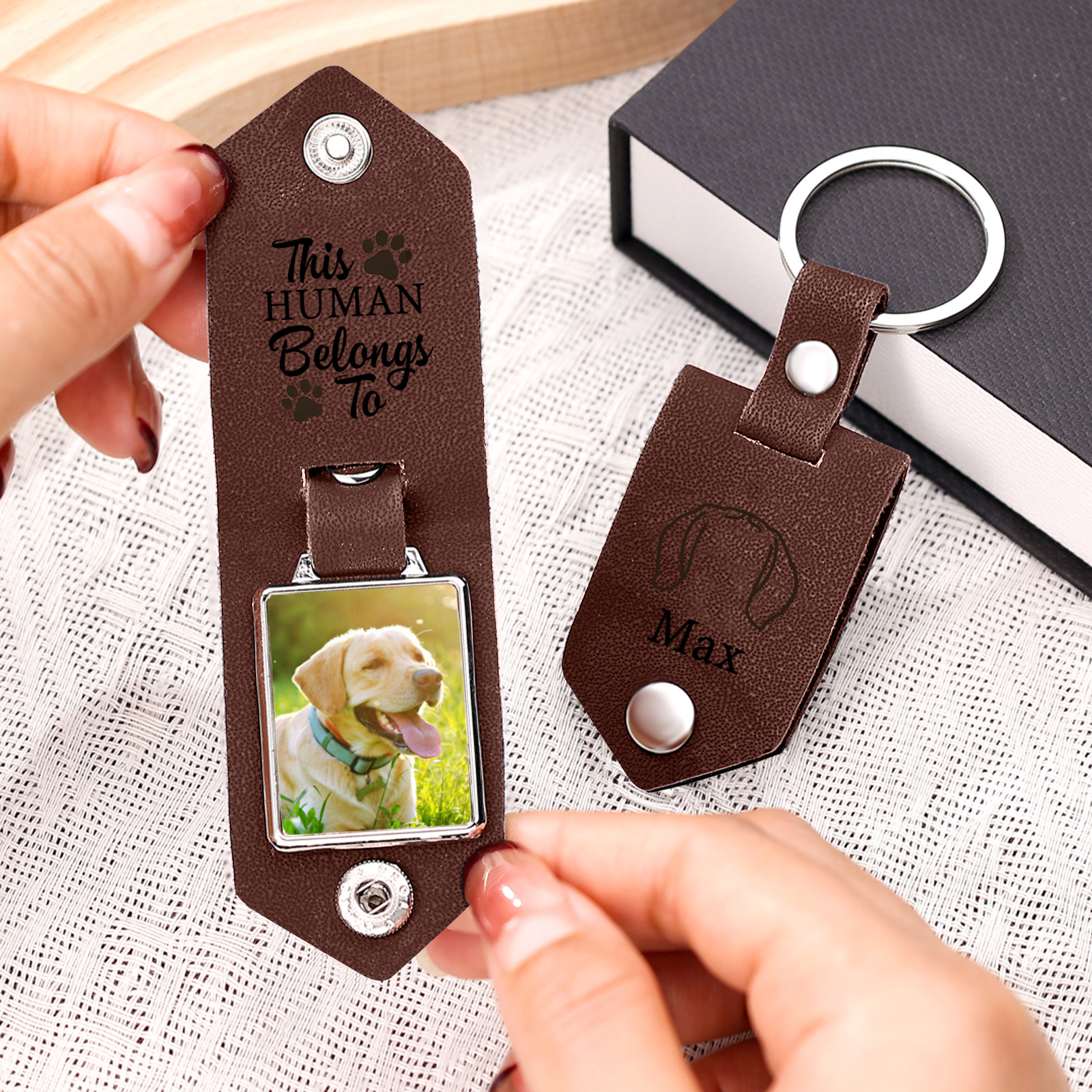 Personalised Dog Photo Leather Keychain, Paw Print