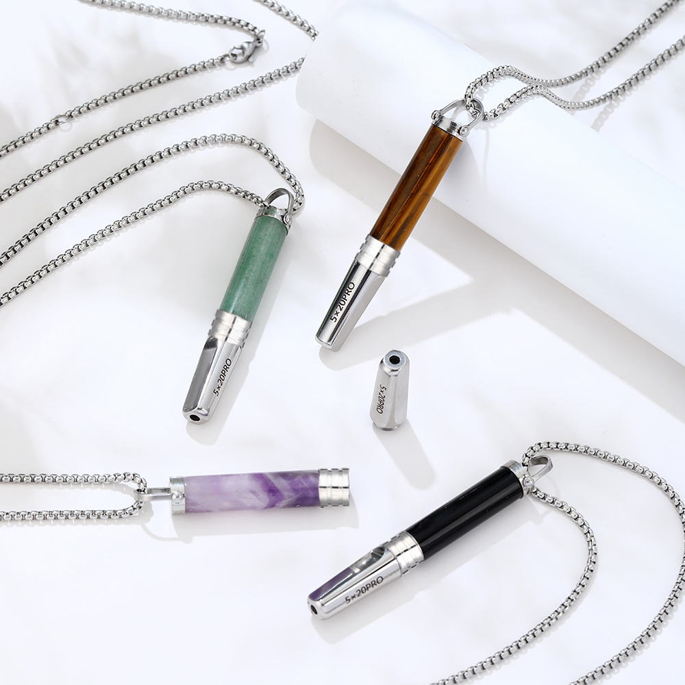 Gemstone Cylinder Breathing Necklace, Steel Tip
