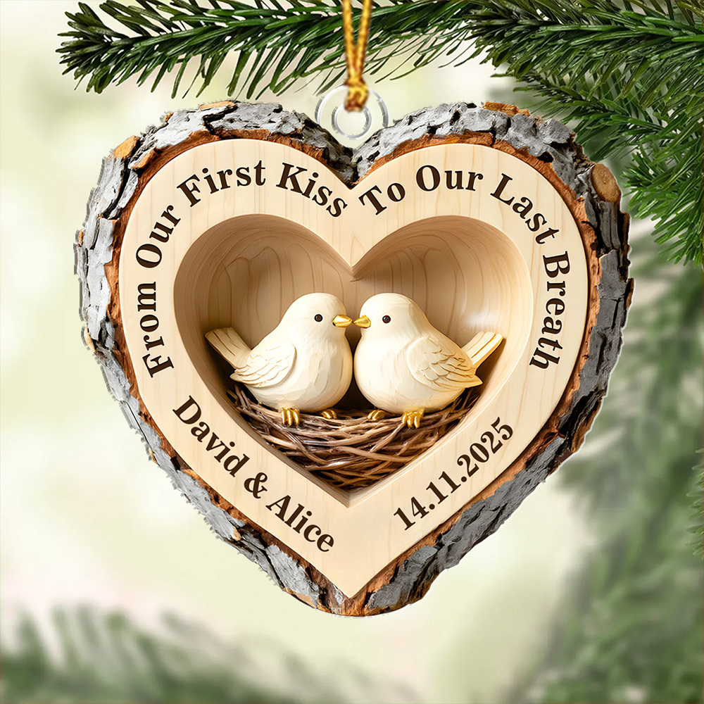 Personalized Couple Carved Wood Heart Lovebirds Ornament