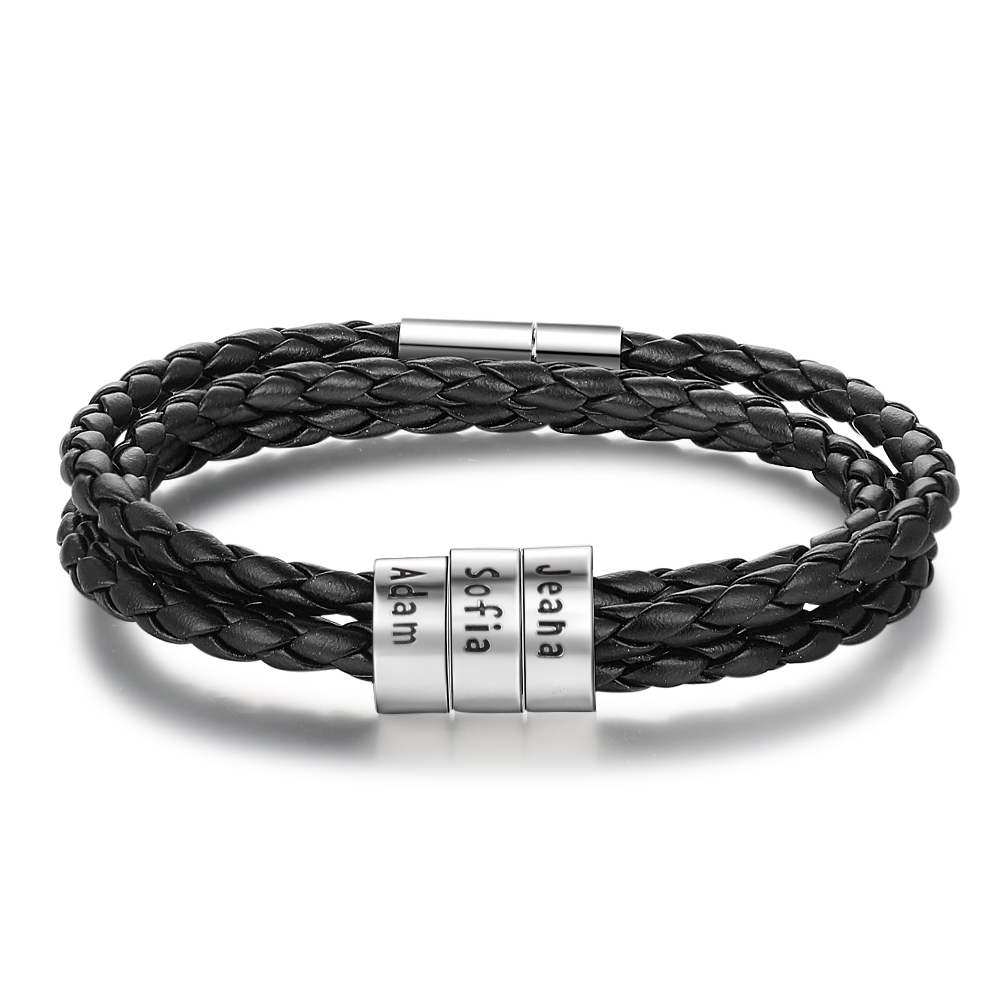 Personalized Men Braided Leather Bracelets with 2-6 Beads Bracelet Gifts for Him
