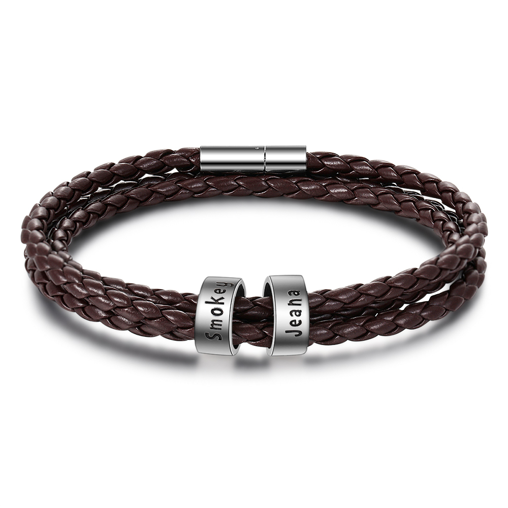 Personalised Braided Leather Bracelet with 2–5 Engraved Name Beads For Him Best Gift For Dad