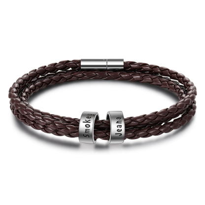 Personalised Braided Leather Bracelet with 2–5 Engraved Name Beads For Him Best Gift For Dad