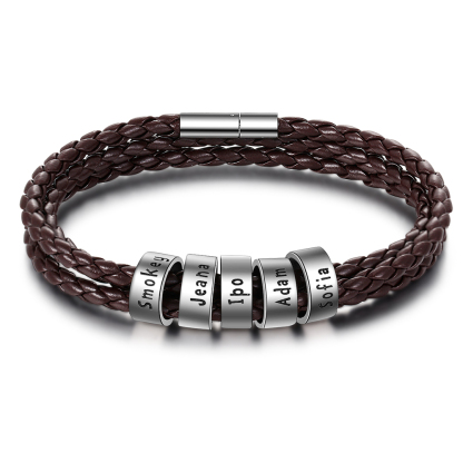 Personalised Braided Leather Bracelet with 2–5 Engraved Name Beads For Him Best Gift For Dad