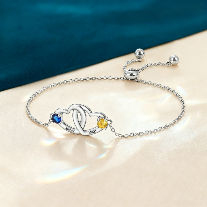 Interlocking Heart Bracelet Personalized with 2 Birthstones Engraved 2 Names