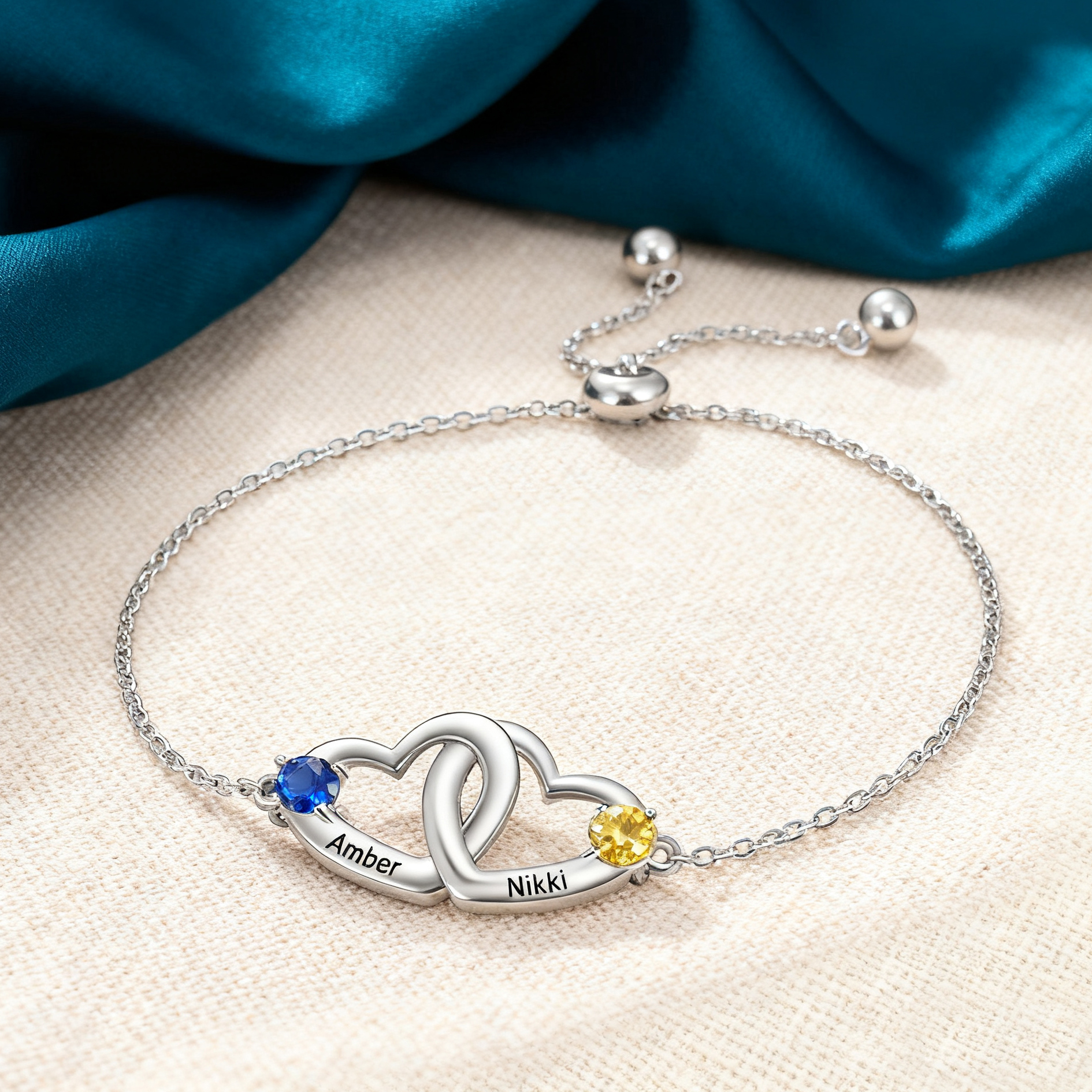 Interlocking Heart Bracelet Personalized with 2 Birthstones Engraved 2 Names