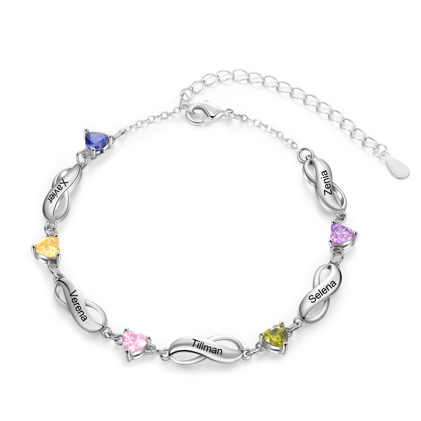 Infinity Bracelet with 1-7 Heart Shape Birthstones for Mom