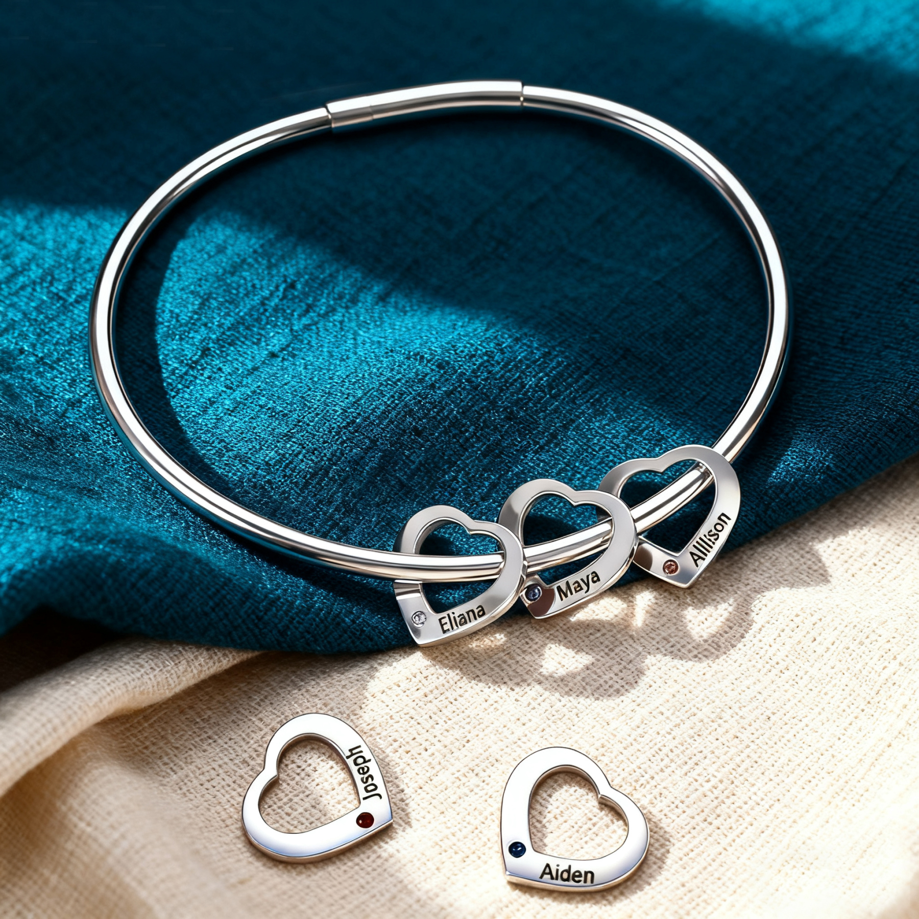 Personalized Heart Charm Bangle Bracelet with 2 Birthstones Engraved Names