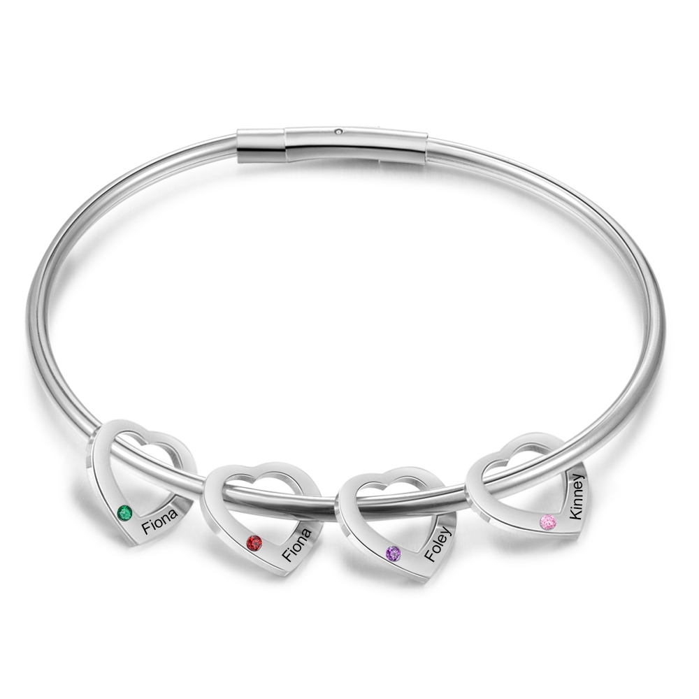 Personalized Heart Charm Bangle Bracelet with 2 Birthstones Engraved Names