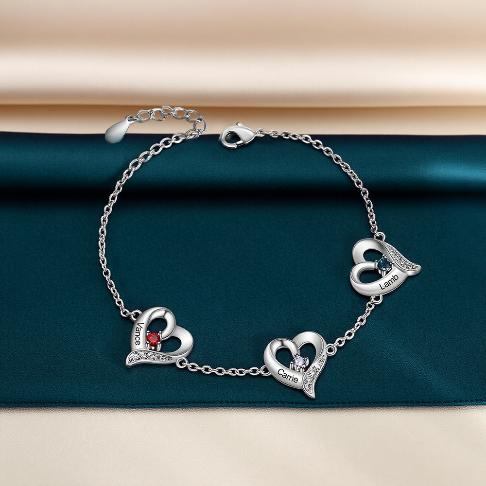 3 Names - Personalized Heart Bracelet Gift Set With Gift Box Custom Name & Birthstone Bracelet Gift For Her