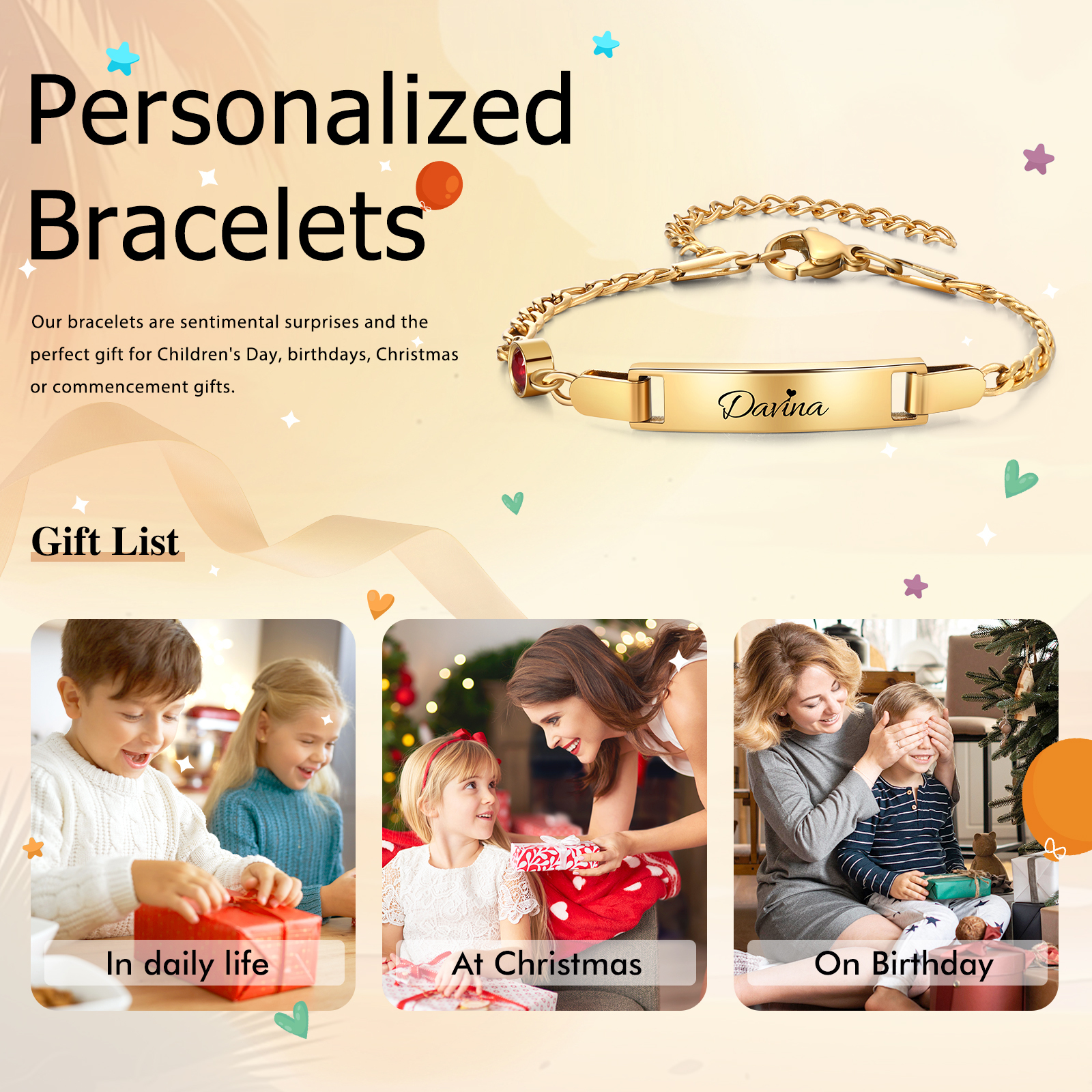 Personalized Bar Bracelet Custom Birthstone & Name Adjustable Bracelet Gift for Daughter