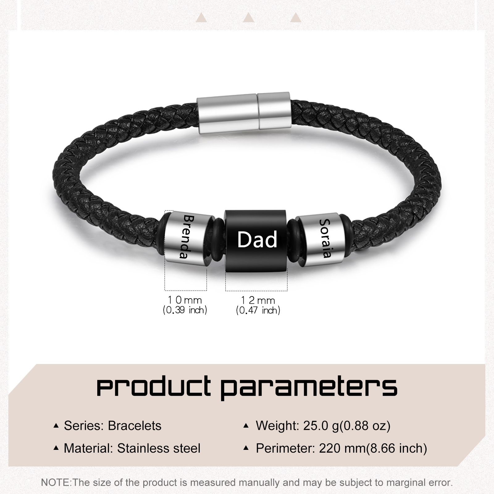 3 Names Personalised Men Leather Bracelet with Custom Name Beads - Gift for Dad | Lorajewel