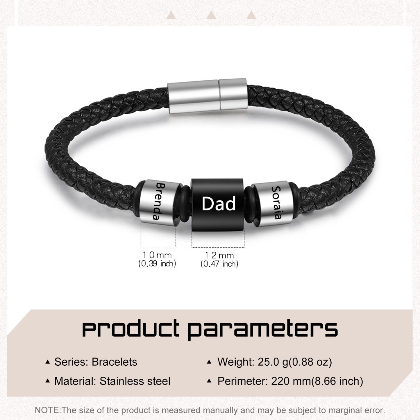 3 Names Personalised Men Leather Bracelet with Custom Name Beads - Gift for Dad | Lorajewel