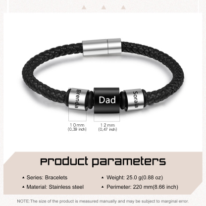 3 Names Personalised Men Leather Bracelet with Custom Name Beads - Gift for Dad | Lorajewel