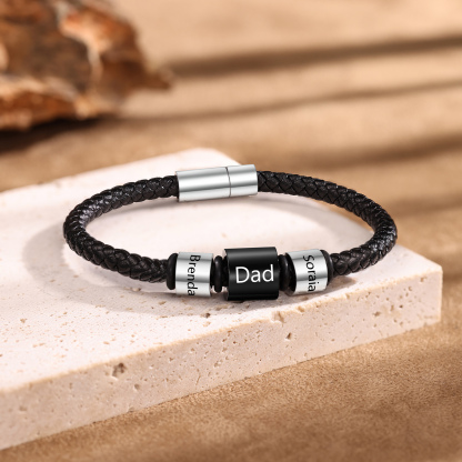 3 Names Personalised Men Leather Bracelet with Custom Name Beads - Gift for Dad | Lorajewel