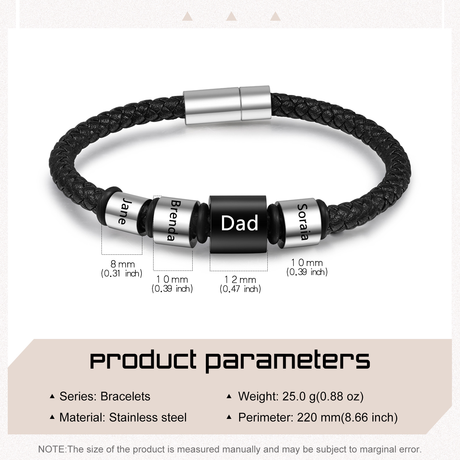4 Names Personalised Men Leather Bracelet with Custom Name Beads - Gift for Dad | Lorajewel