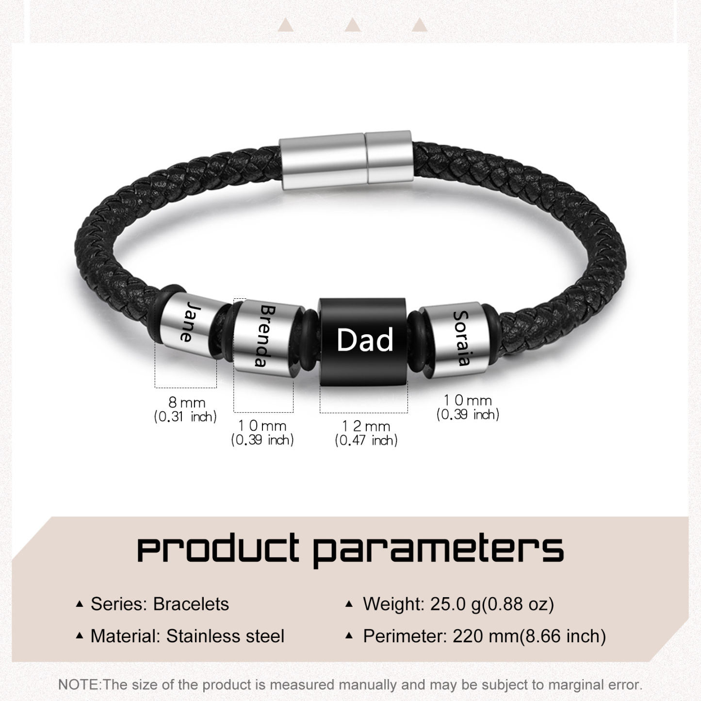 4 Names Personalised Men Leather Bracelet with Custom Name Beads - Gift for Dad | Lorajewel