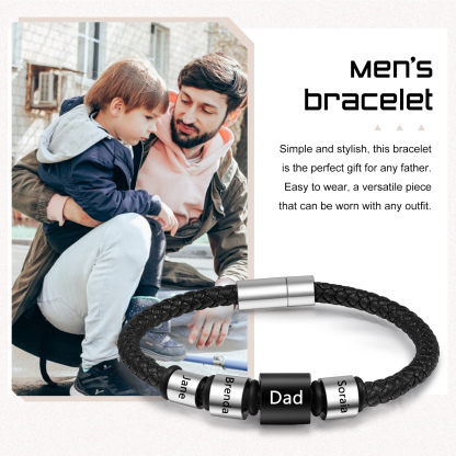 4 Names Personalised Men Leather Bracelet with Custom Name Beads - Gift for Dad | Lorajewel