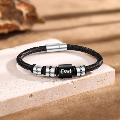 4 Names Personalised Men Leather Bracelet with Custom Name Beads - Gift for Dad | Lorajewel