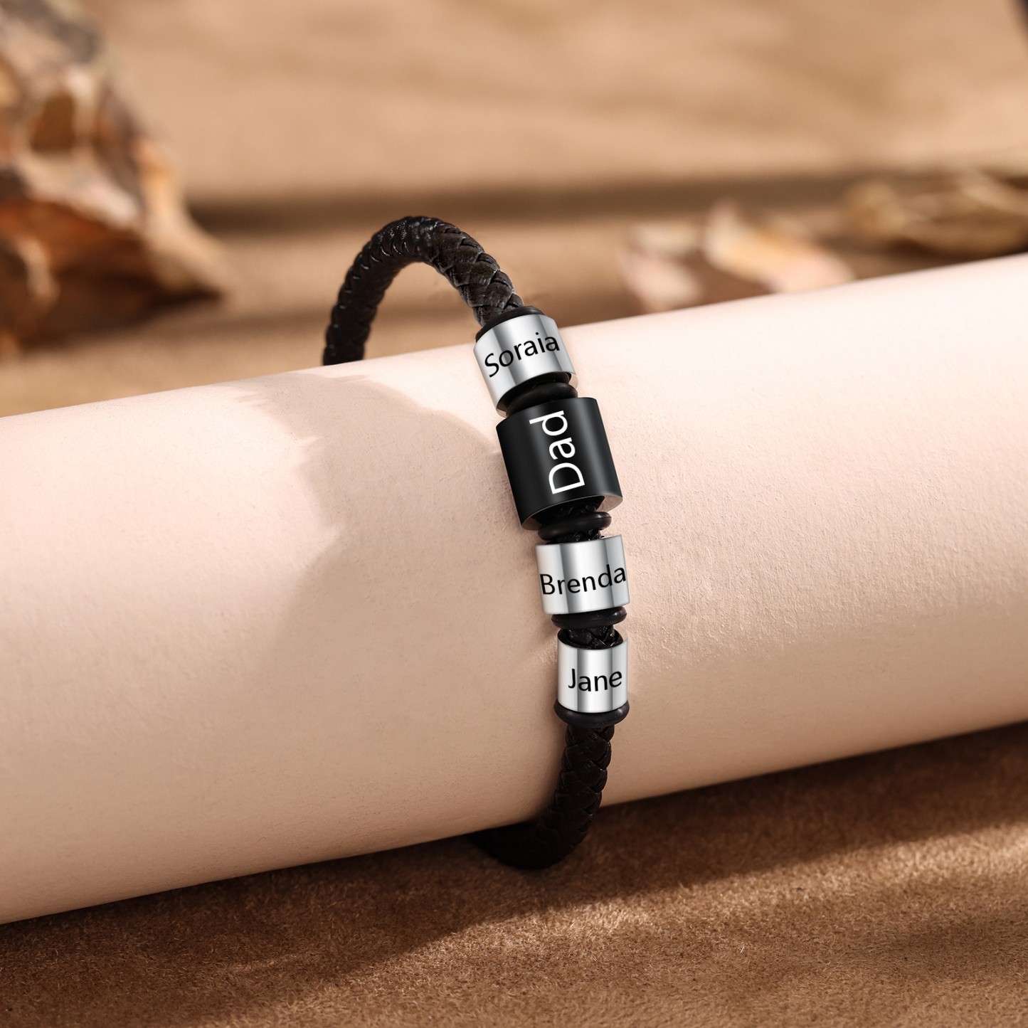 4 Names Personalised Men Leather Bracelet with Custom Name Beads - Gift for Dad | Lorajewel
