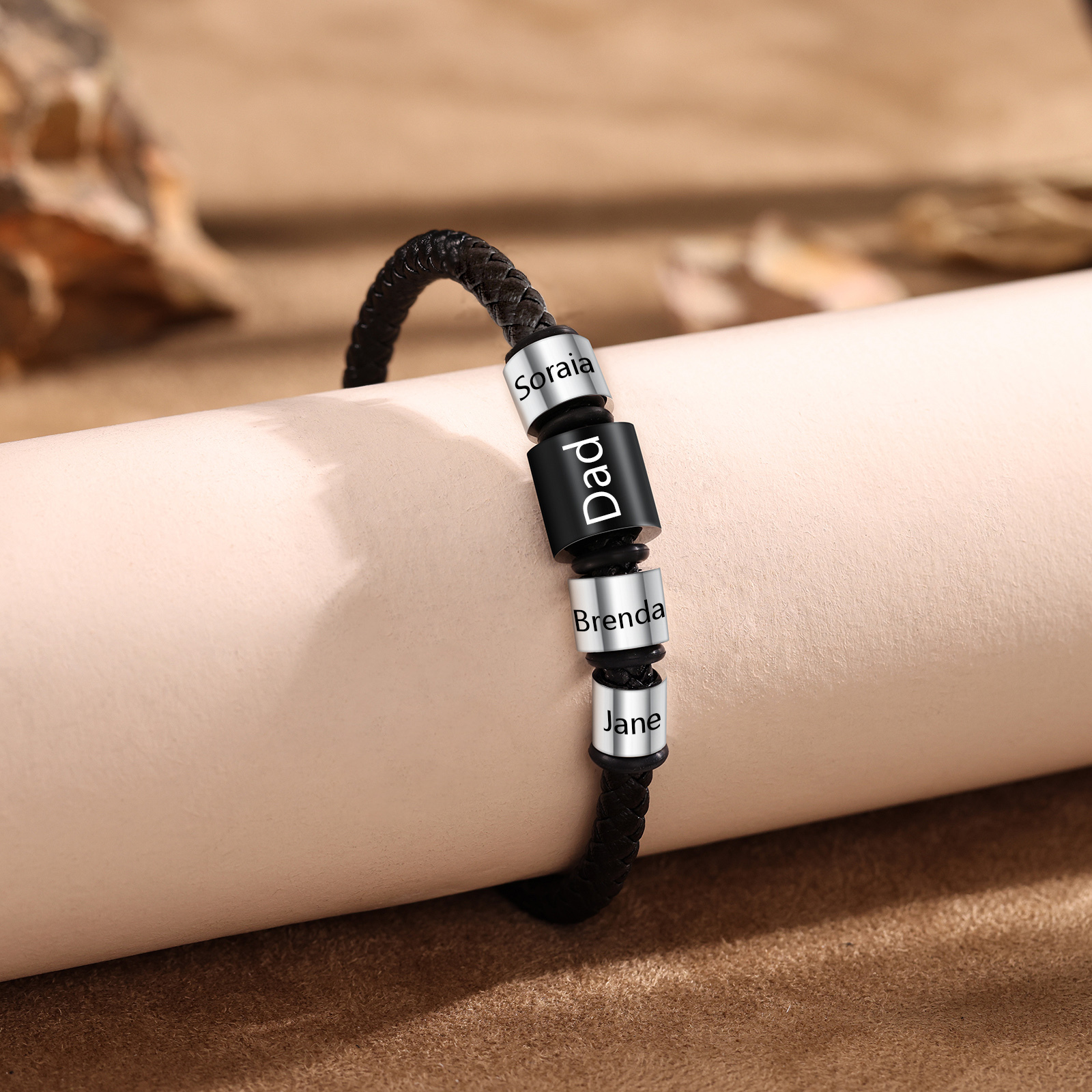 4 Names Personalised Men Leather Bracelet with Custom Name Beads - Gift for Dad | Lorajewel