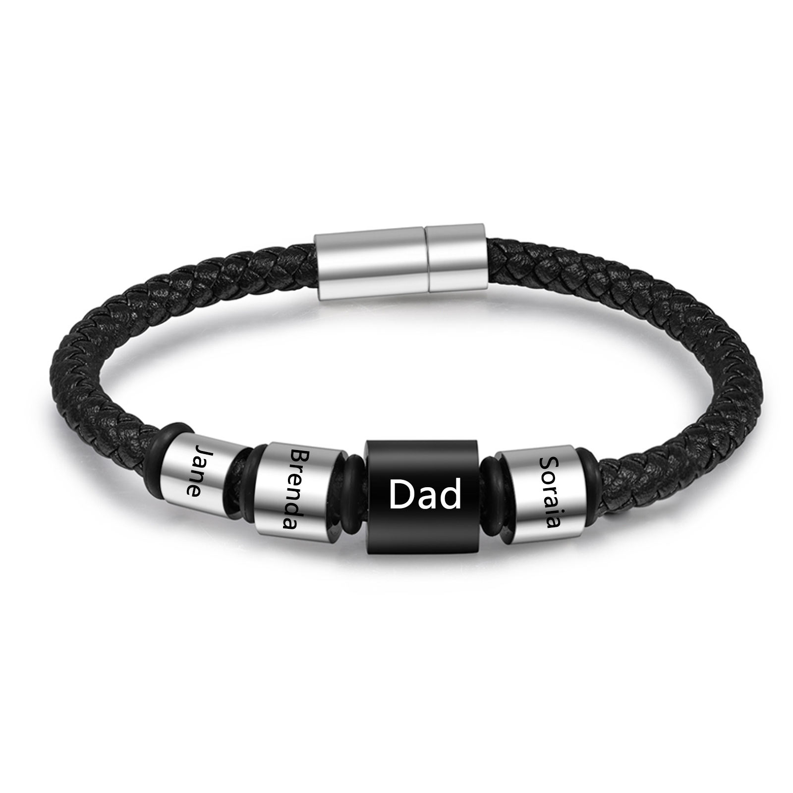 4 Names Personalised Men Leather Bracelet with Custom Name Beads - Gift for Dad | Lorajewel