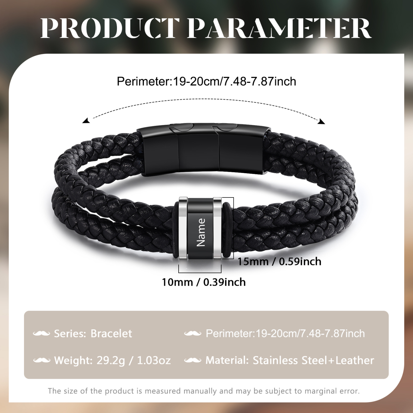 1 Name - Men's Leather Bracelet Custom Names Beaded Bracelet Adjustable Personalized Gift for Him