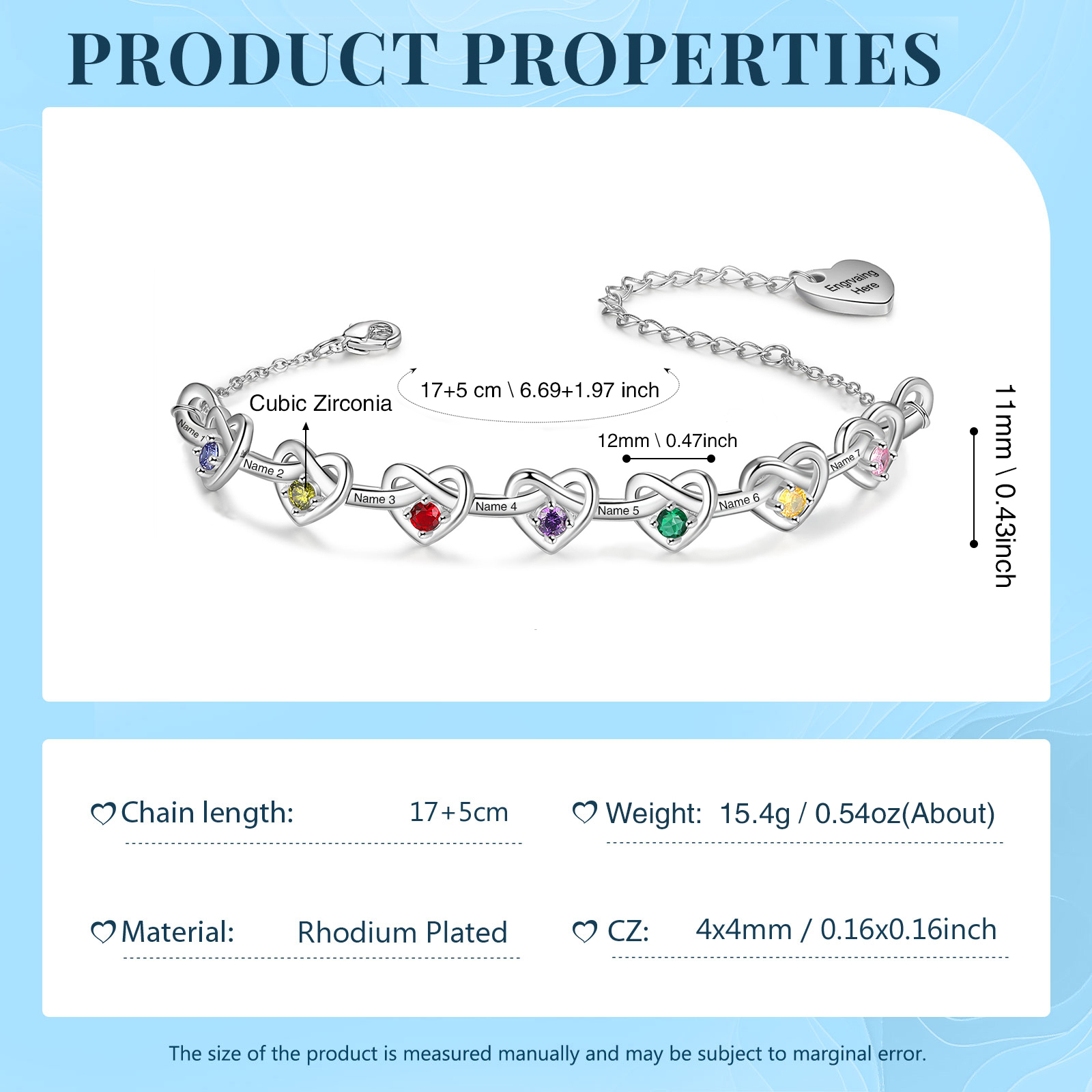7 Names-Personalized Linked Heart Bracelet With 7 Birthstones Engraved Names And Text Bangle For Her