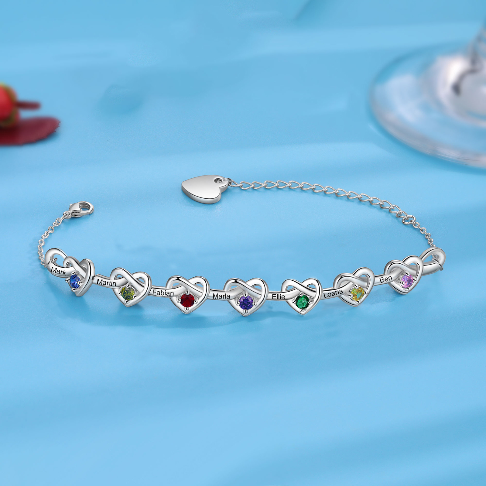 7 Names-Personalized Linked Heart Bracelet With 7 Birthstones Engraved Names And Text Bangle For Her