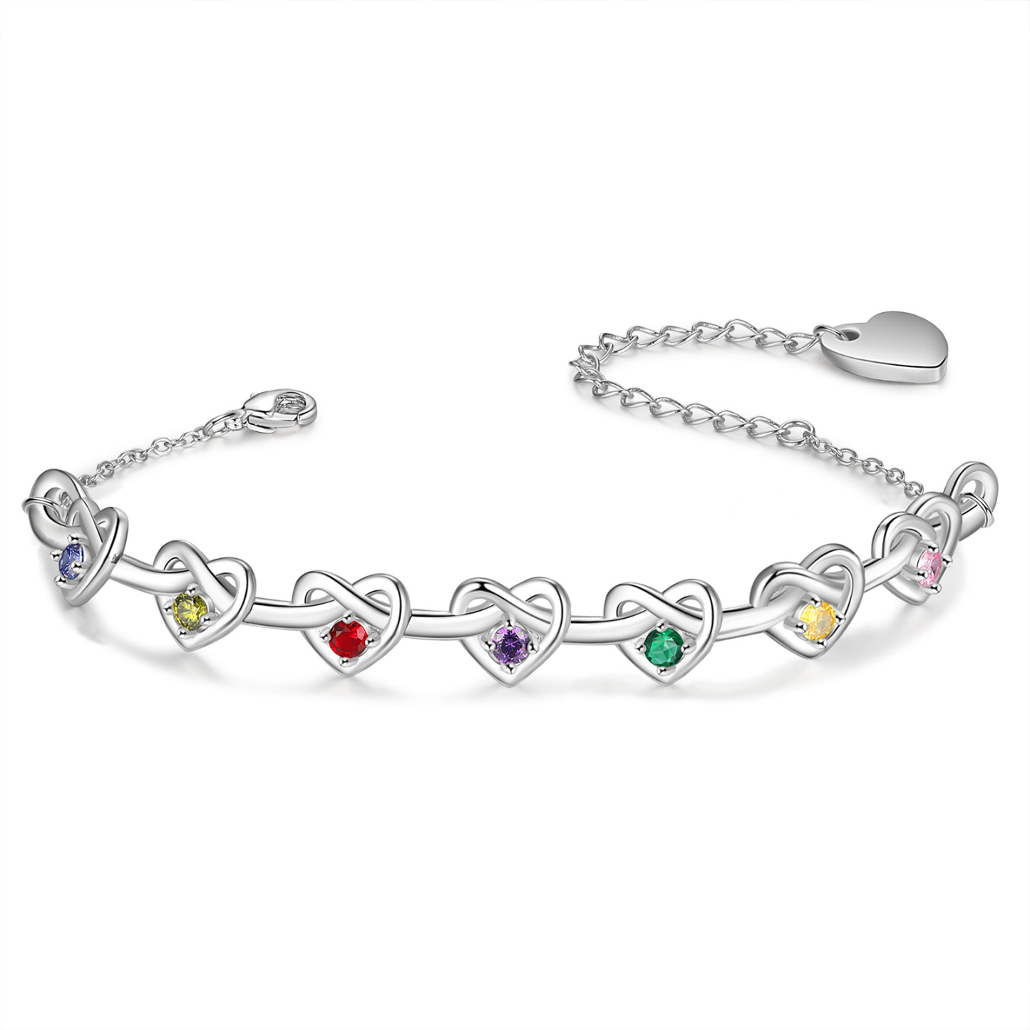 7 Names-Personalized Linked Heart Bracelet With 7 Birthstones Engraved Names And Text Bangle For Her
