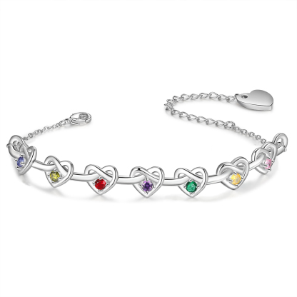 7 Names-Personalized Linked Heart Bracelet With 7 Birthstones Engraved Names And Text Bangle For Her