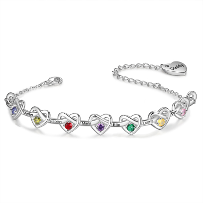 7 Names-Personalized Linked Heart Bracelet With 7 Birthstones Engraved Names And Text Bangle For Her